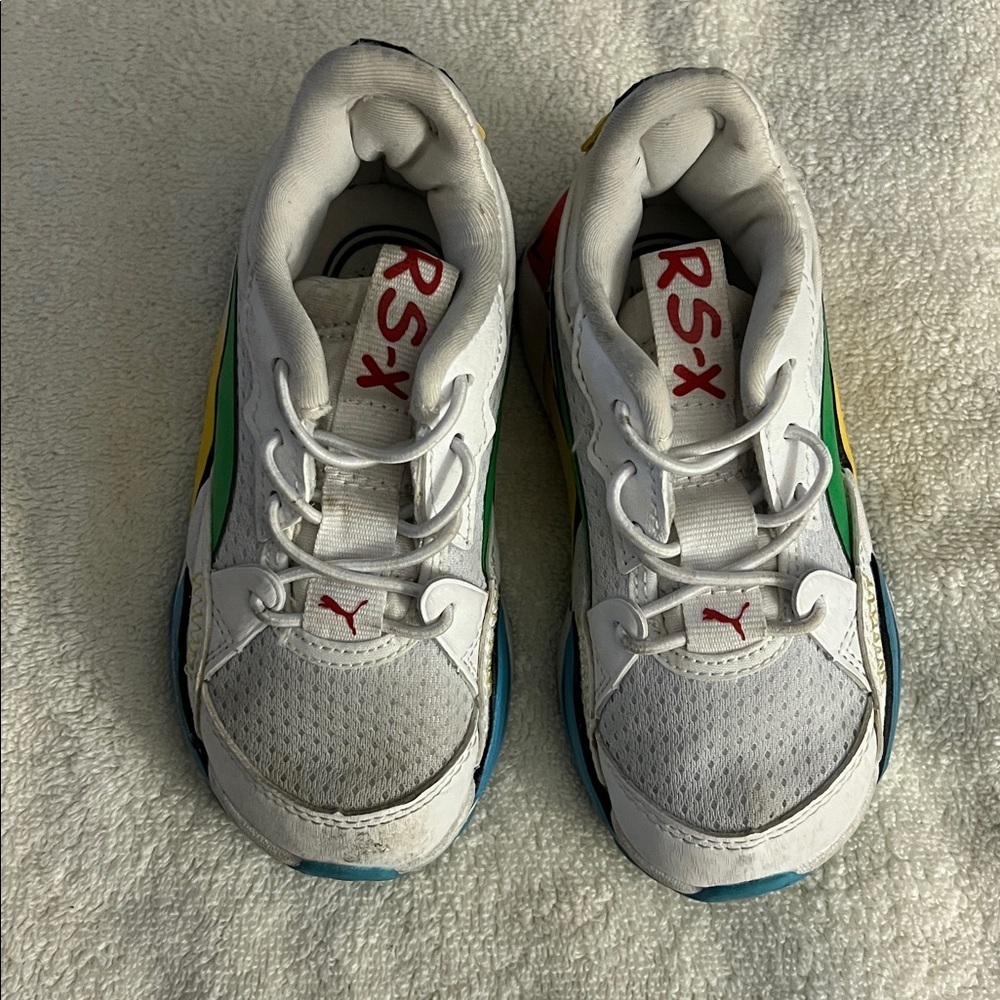 Puma Kids White Sneakers with Green, Blue & Yellow Accents